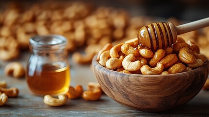 Honey-coated cashews in a wooden bowl