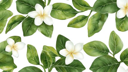 Obraz premium Watercolor Plumeria Flower Pattern with Lush Green Leaves on White