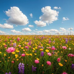 Obraz premium Spring beautiful meadow filled with colorful flowers and daisies under a clear blue sky