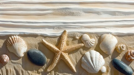 A beautiful collection of seashells and a starfish arranged on a sandy beach, capturing the essence of a serene coastline and nature's artistry.