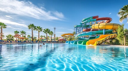 Tropical water park with crystal-clear pools and giant slides