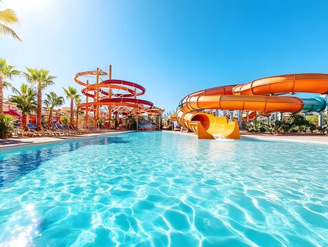 Tropical water park with crystal-clear pools and giant waterslides