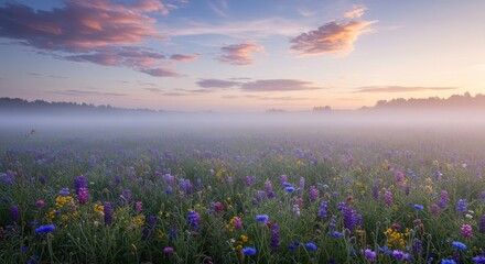 Obraz premium Spring beautiful meadow filled with colorful flowers and daisies under a clear blue sky