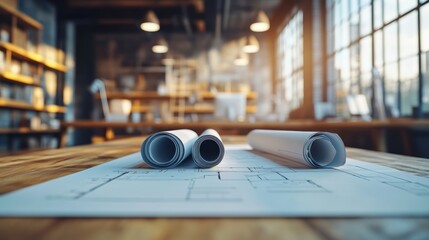 Obraz premium Professional architecture design office with rolled-up blueprints