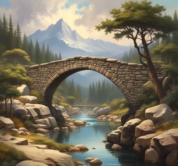 Fototapeta premium Illustration of wild nature landscape with arc stone bridge on river.