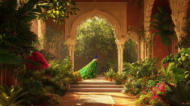 Mughal garden, arch, peacock, plant botanical landscape illustration. Royal Mughal Garden with Archway, Peacock, and Plant Motifs.