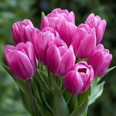 Fototapeta premium A vibrant bouquet of pink tulips stands elegantly, showcasing their delicate petals and lush green stems, perfect for brightening any space.