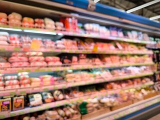 Blur abstract background. Colorful supermarket shelves blurred. Supermarket with bokeh