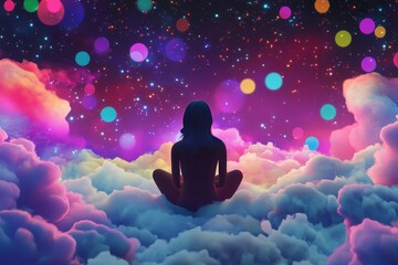Obraz premium Woman meditating in dreamlike cosmic cloudscape with colorful lights