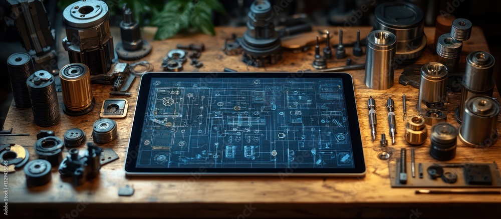 Poster digital blueprint displayed on tablet amidst mechanical parts on workbench.