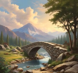 Fototapeta premium Illustration of wild nature landscape with arc stone bridge on river.