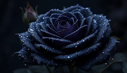 Dark Blue Rose with Dew Drops in Low Light

