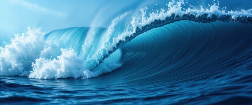 Powerful Ocean Wave Crashing Creating Sea Spray in Blue Ocean Water