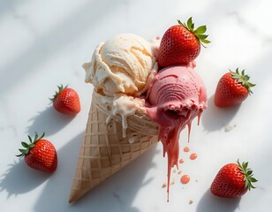 Melting Strawberry and Vanilla Ice Cream Cone with Fresh Strawberries

