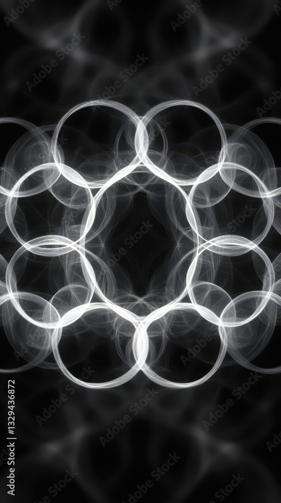 Poster a symmetric arrangement of glowing overlapping circles on a black background