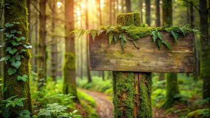 Weathered wooden sign on rustic post with vines and moss, forest, moss,  forest, moss, outdoors, trees, weathered, vines