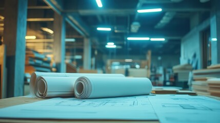 Rolled architectural papers on work desk in construction office