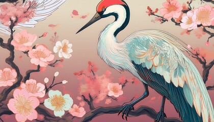 Repeating Japanese crane and cherry blossom motifs set in soft pastel gradients, creating an elegant and serene design.
