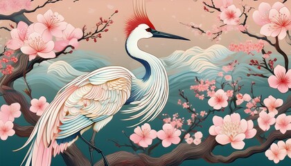 Repeating Japanese crane and cherry blossom motifs set in soft pastel gradients, creating an elegant and serene design.
