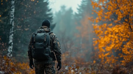 Naklejka premium Hunter in camouflage gear tracking deer in the wilderness