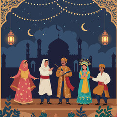 Fototapeta premium People in Cultural Attire Against Cityscape at Night with Moon
