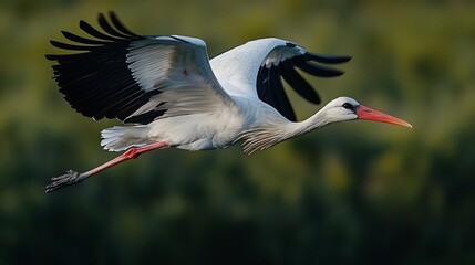Obraz premium Stunning drone shot of white stork gliding across a lush valley its black tipped wings elegantly slicing through the air