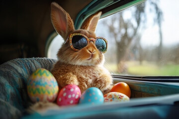 Easter bunny in sunglasses Sitting Among Easter Eggs in Old School Car, Holiday Card.