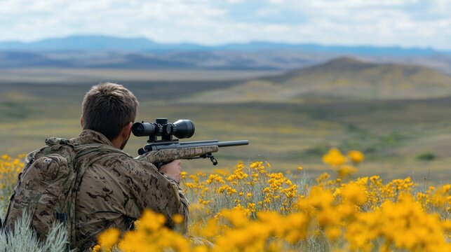 Hunter looking through scope of rifle at distant target
