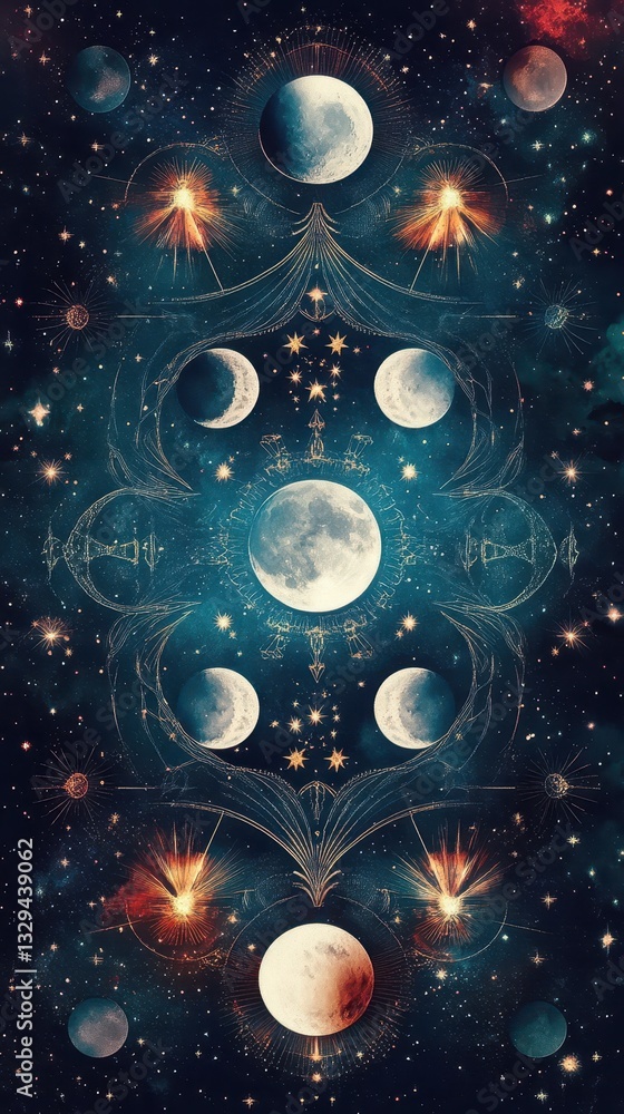 Poster celestial pattern shows a moon phases design with stars in the space
