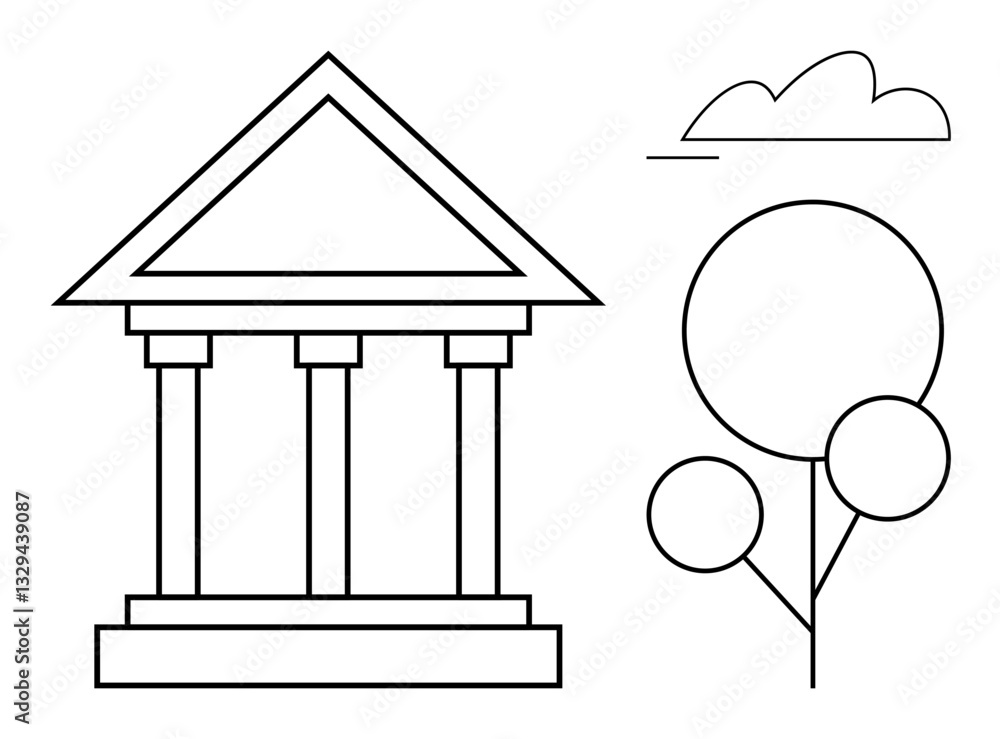 Aufkleber classical column building with triangular roof, simple tree, and cloud design. ideal for architectur