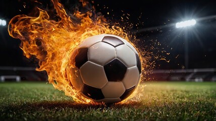 Fototapeta premium Burning soccer ball on a stadium field, concept background soccer event, sports poster, dynamic football events, team motivation