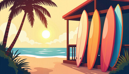 Colorful surfboards by beachside cafГ© at sunset, coastal lifestyle