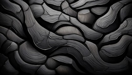 Obraz premium Repeating black, hand-drawn abstract forms resembling cracked stones or shells, creating a textured, organic design. 