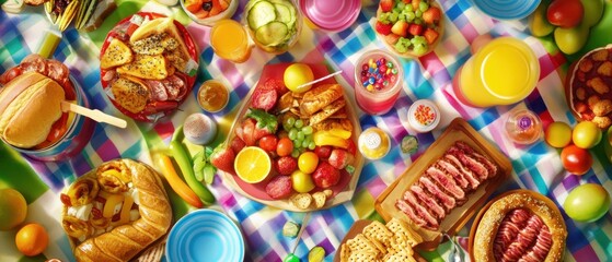 A vibrant summer picnic feast, featuring an array of delicious foods and refreshing drinks, arranged on a colorful checkered blanket.