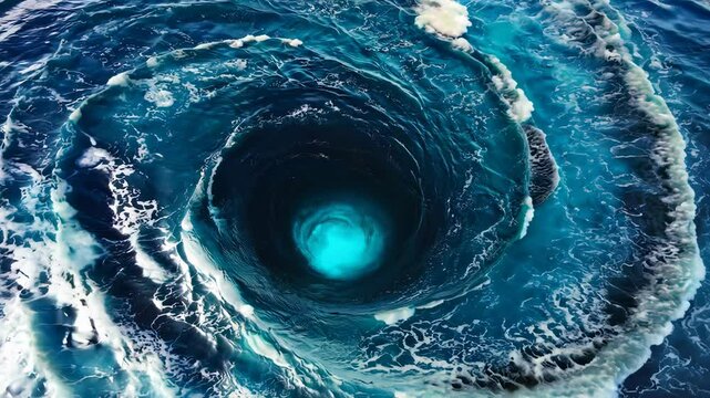 Dynamic ocean whirlpool vortex captured in mesmerizing aerial sequence with swirling water patterns and hypnotic fluid motion