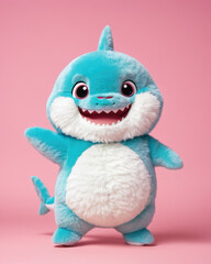 Cute fluffy doll baby shark, tapping its feet joyfully. A pastel backdrop enhances its chubby, round form.