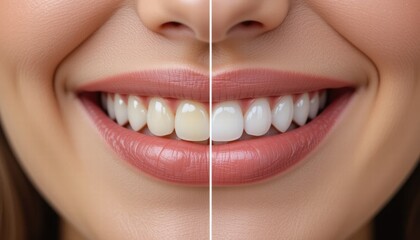 Smiling Woman Showing Before and After Teeth Whitening Dental Result