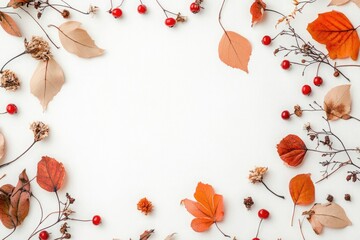 Autumnal Arrangement of Dried Leaves and Berries on White Background