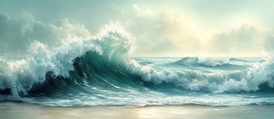 Obraz premium Powerful ocean waves crashing on a sandy beach at sunrise.