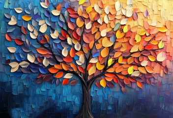 an oil painting of a vibrant tree with colorful leaves.