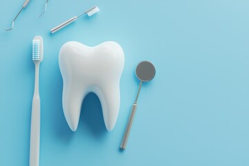 Detailed 3D Rendering of Tooth with Oral Hygiene Tools on Blue Background