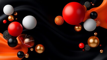 Abstract 3D Render: Floating Orbs on a Black and Orange Drape AI Generated
