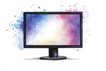 Artistic Watercolor Illustration of Modern Monitor with Empty Screen, Black Frame and Stand for Stylish Office Decor