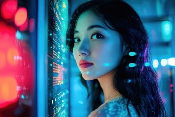 Asian Woman Programmer Focused on Tablet in Server Room, Engaged in Cloud Computing and Cyber Network Technologies