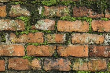 Obraz premium Chaotic Texture of an Old Brick Wall Adorned with Lush Green Moss
