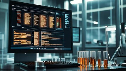A computer screen displaying data analysis in scientific research and experimentation and test tubes at high tech laboratory	 - Powered by Adobe