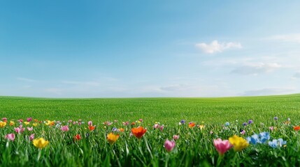 Colorful flowers blossom in a vast green field landscape