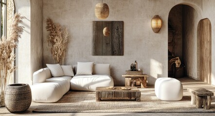 Chic Bohemian Interior Layout: Japandi Style Living Room with Wood Accents and Plaster Walls in Bright Scandinavian Setting