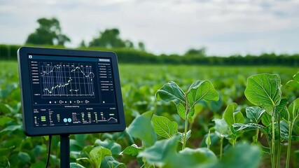 A computer screen displaying data and graphs in a field. Smart technology in modern agriculture - Powered by Adobe