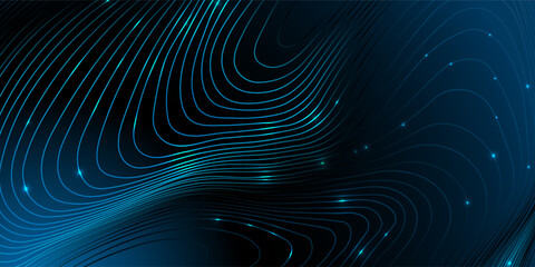 Luminous flowing lines in blue, purple and teal tones over a dark background. Abstract Background for advertising campaigns, digital interfaces, data visualisation. Copy space
